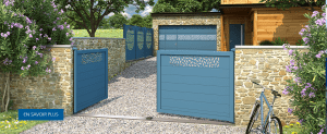 Porte de garage ACTIVA décor ORYSA, portail VALMONT semi-ajouré de la gamme INFINI avec décor ORYSA et claustras ajourés décor ORYSA