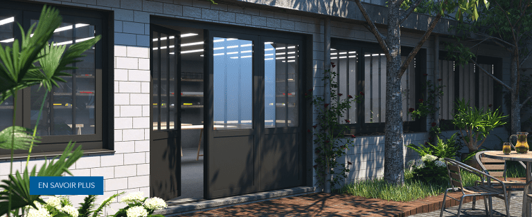 Porte de garage à 3 vantaux style Néo-Rétro en devanture d'atelier